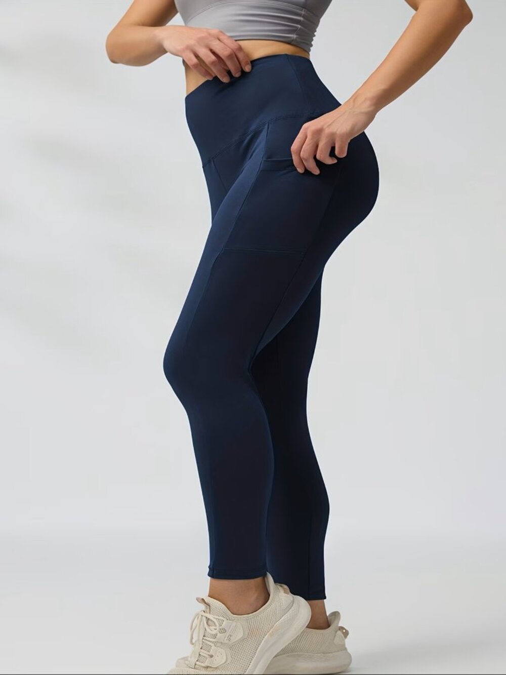 Women's High Waist Tummy Control Full-Length Yoga Leggings w/Pockets Navy Large